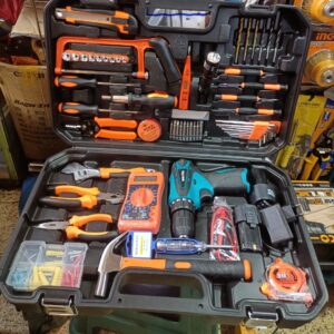 Electrical tool set with 12 Volts cordless drill.